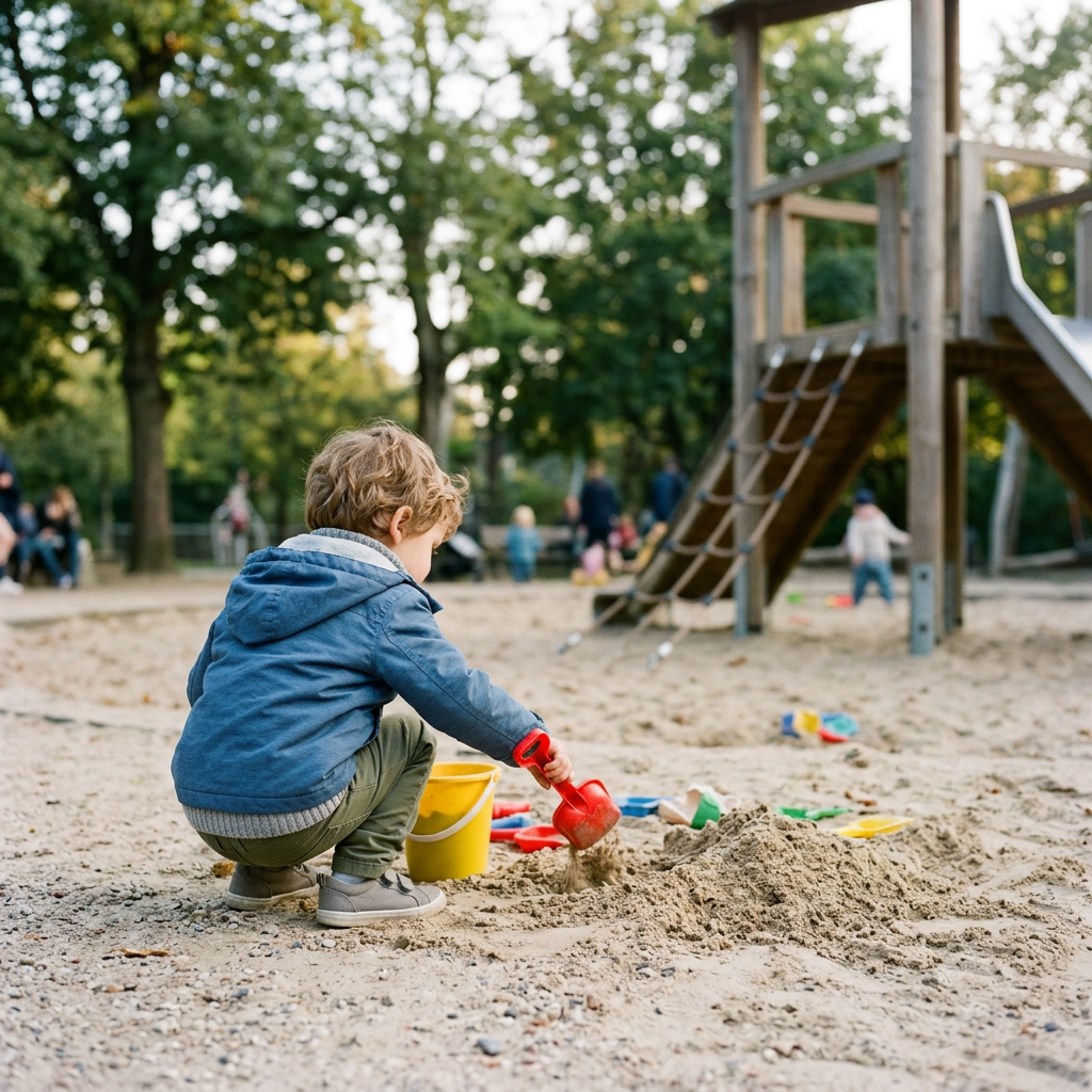 Young boy crouching and scooping sand with a red shovel in a sandbox